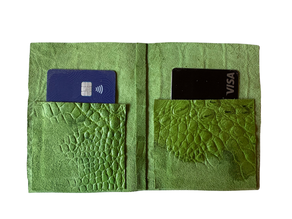Electric green Italian hornback crocodile leather/suede wallet