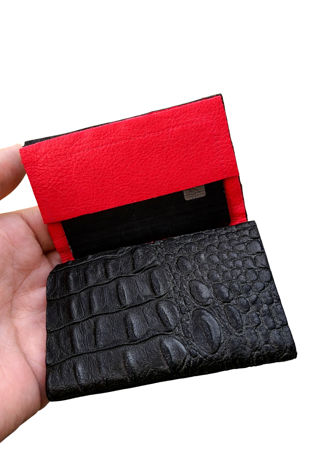 Black/Red Italian Horn back crocodile Embossed leather wallet